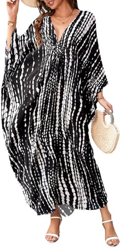 Bsubseach Kaftan-klänning för kvinnor plus storlek baddräkt tryck kaftan strand cover up klänning, B-black3, En Storlek