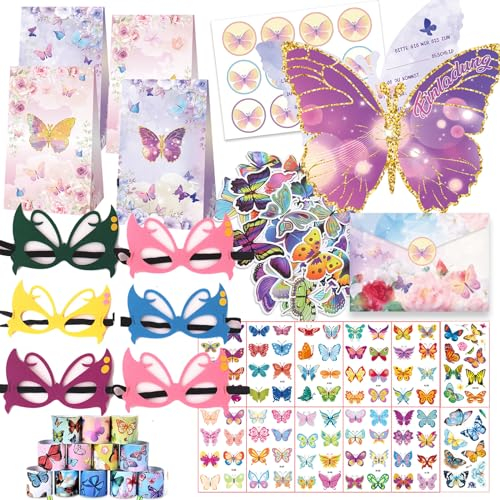 zycBernoi 110 Stück Schmetterling Party Mitgebsel Kindergeburtstag Mädchen Tüten Kindergeburtstag Einladungskarte Mask Schnapparmband Kinder Tattoos Aufkleber