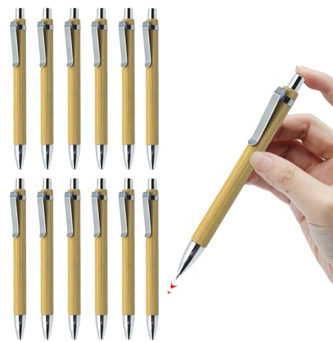 Funmo 12 Stück Bambus Kugelschreiber, Kugelschreiber Set, Kugelschreiber Schwarz,Einziehbaren Bambus-Stift Holzkugelschreiber als Ökologische Geschenke Schreibgerät für Schule (12)