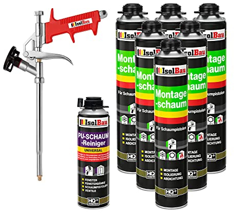 Isolbau Kit de mousse de construction – Comprend 6 x mousse de montage B2 1K avec un excellent son et une isolation thermique (750 ml chacune), 1 x nettoyant pour mousse PU (500 ml) et 1 x pistolet à