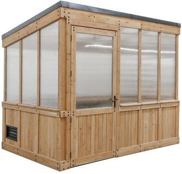 Backyard Discovery Willow 9' x 6' Cedar Wood and Polycarbonate Walk-in Greenhouse Kit with Exhaust Fan, Windows, Hose Hook-Ups, PowerPort, Staging Shelves for Year-Round Outdoor Gardening