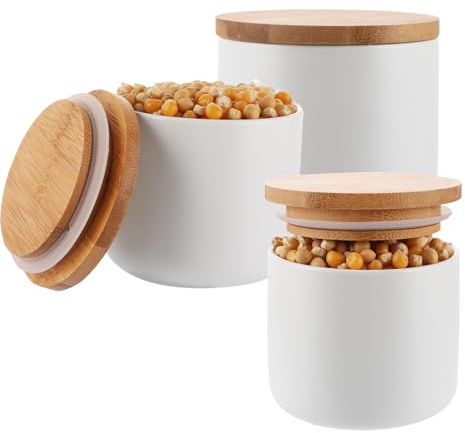 Oungy Juego de 3 tarros de cerámica con tapa, 260 ml/9 oz, cerámica, azucarero con tapa, color blanco, tarros para especias de cerámica, para sal, azúcar, café, té, especias