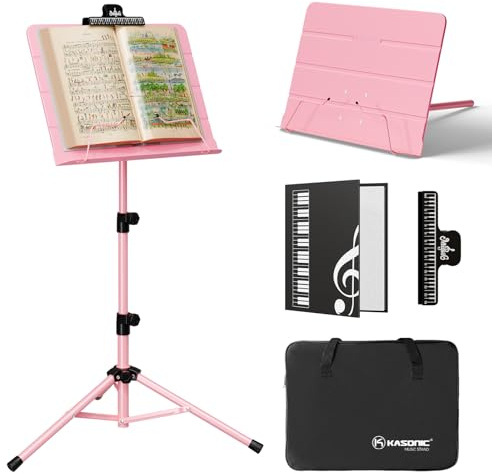 K KASONIC Hopfällbart Notställ 2-i-1 Stativ, Rosa | Metal Stativ, Höjd 77-140cm, 2-i-1 Golv/Bord, Inkl. Väska, 40-Fack Notmapp Och Klämma, För Orkester, Kör, Band, Hemma, Resor