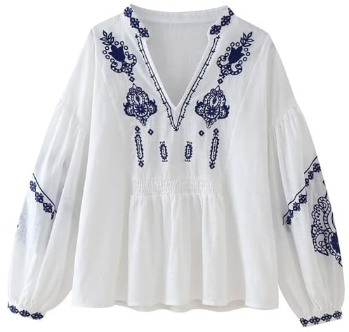 Yimoon Chemisier brodé floral bohème à manches longues bouffantes et col en V pour femme, blanc, Taille XS