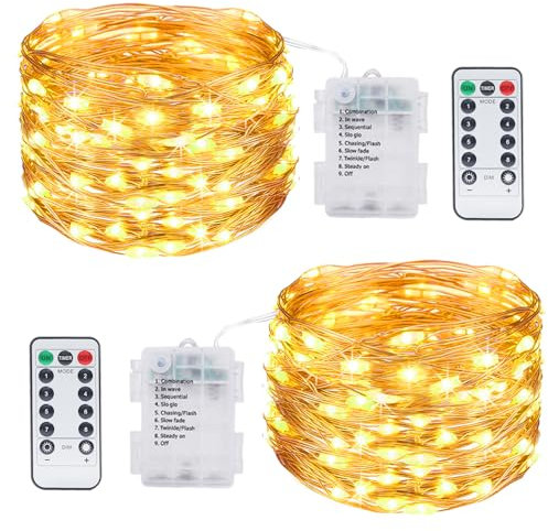 Kolpop Fairy Lights Battery Operated 2 Pack,12M/40FT 120LED String Lights Battery Powered Outdoor with Remote Control, Waterproof Timer 8 Mode Twinkle Light for Christmas Indoor Warm White