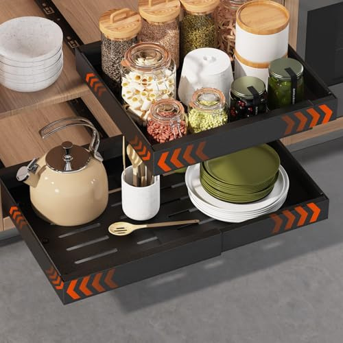 Landmok 2 Pack Expandable Pull Out Cabinet Organizer 21 Deep, Adjustable Width 12.6-20.5, No Drill Adhesive with Triple Track Rails, Heavy Duty Slide Out Drawers for Kitchen, Pantry, Cabinets,Black