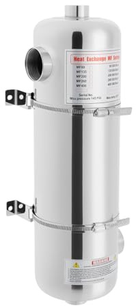 60 KW poolvärmeväxlare, 200 kBtu/h SS304 rostfritt stål värmepump rost och saltvattenbeständighet med 250 l/min poolvattenflöde och 30 l/min varmvattenflöde, poolvärmare för pooler, spa, 13 x 48 cm