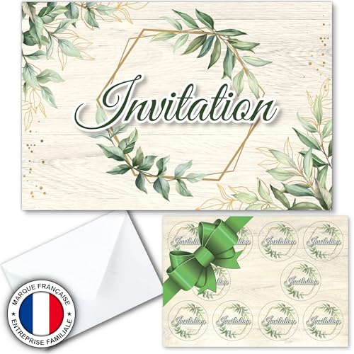 Kit 10 cartes simples d'invitation / Faire-part en français pour anniversaire, mariage, baptême, communion -thème champêtre pour 10 invités (KIT=10 cartons d invitation + 10 enveloppes + 10 stickers)