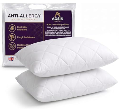 adsin Hotel Quality Quilted Pillows Pack of 2 Anti Allergy Bounce Back Bed Pillows with Soft Touch Quilted Cover – Breathable Hollowfibre Filling for Side, Back & Stomach Sleepers