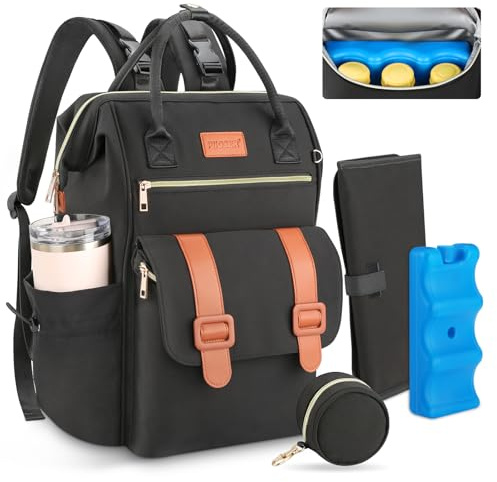 PIIOSER Diaper Bag Backpack with Ice Pack, Large Capacity & Waterproof Baby Travel Backpack Bag for Moms Dads, Insulated Baby Cooler Bag with Changing Pad, Stroller Straps & Pacifier Case, Black