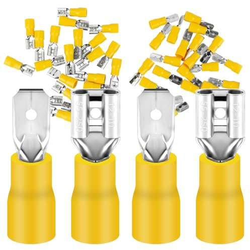 50 x plattstifthylsor och plattstift 4,0–6,0 mm² gul/kontaktbredd 6,35 mm delvis isolerad PVC hankontakt FDD & MDD kabelkontakter i förzinkat mässing
