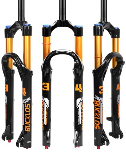 AEYINO 27.5 inch Travel 140mm MTB Air Suspension Fork, Rebound Adjustment 34mm Stanchions 1-1/8 Threadless Straight 9 * 100mm QR Manual Lockout XC AM Mountain Bicycle Front Forks