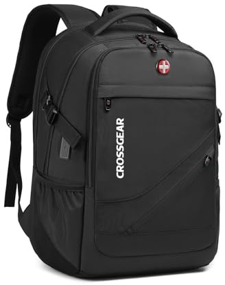 CROSSGEAR Anti Theft Laptop Backpack, 17.3 Inch Computer Rucksack with USB Charging Port & Lock, Water Resistant Large Travel Business Backpack with Breathable Padded Strap, Laptop Bag for Men, Black