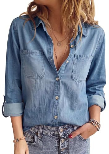 PASUDA Damskjorta i denim långärmad kragblusar ledig button-down jeansskjorta västerländsk vintage denimjacka tunika toppar med fickor lös passform