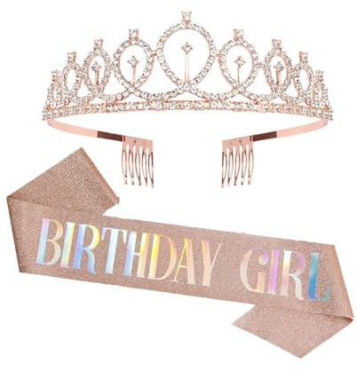 Couronne de Ceinture D'anniversaire Ensemble,Kit de Couronne Anniversaire Birthday Girl,Couronnes et Diadème en Strass Diadèmes et Écharpes Anniversaire Fille pour Décoration Cadeau (Or Rose)