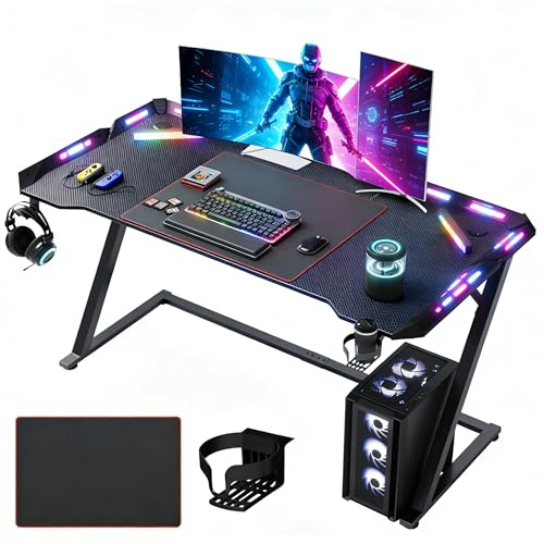 Claiks Gaming Desk with LED Lights, 120 x 60cm Computer PC Gaming Table Z Shape for Home Office with Cup Holder and Headphone Hook, Sturdy Computer Desk Carbon Fiber, Black