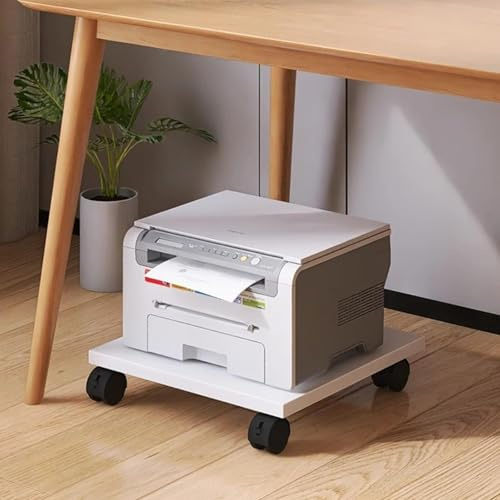 Carro de impresora blanco con ruedas para debajo del escritorio, soporte de impresora compacto con diseño rodante, soporte de impresora bajo para mini impresoras 3D, nización de oficina móvil