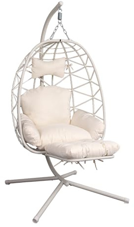 Hanging Egg Chair with Stand & Leg Rest,Rattan Wicker Swing Chair with Cushion,Patio Basket Hanging Chair Wicker Hammock Chair for Indoor Outdoor Bedroom Garden,300LBS (White Rattan&White Cushion)