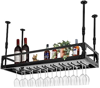 yikmid Estante de techo, estante para botellas de vino, soporte para botellas de vino, estante colgante retro de hierro, altura ajustable, estante colgante de hasta 50 kg, para bar, cafetería, cocina