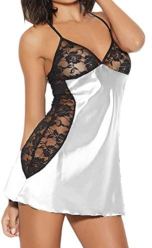 Générique Sexiga underkläder set spets satin genomskinlig babydoll stor storlek dam nattlinne glamour justerbara remmar kväll andas A313, Vitt och blått, M
