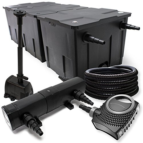 Wiltec Komplettset: CBF-350C Teichfilter bis 90000 L Teichfilteranlage, NEO10000 Teichpumpe 10000l/h 80W, CUV-236 Teichklärer 36W, 25m Teichschlauch 25 mm, HJ-943 Springbrunnen 800l/h 16W