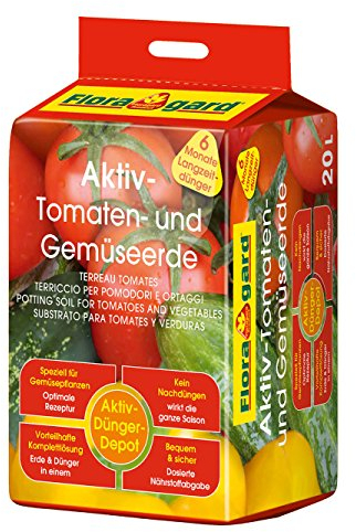 Floragard Aktiv-Tomaten- und Gemüseerde 20 L • hochwertige Spezialerde • mit 6-Monate-Langzeitdünger • für Tomaten, Chili, Zucchini, Gurken und anderes Gemüse