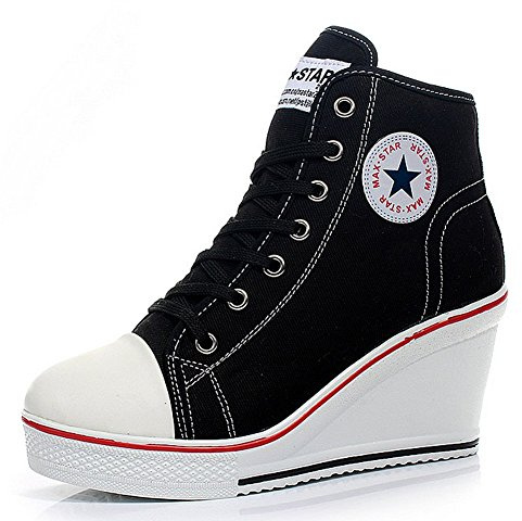 wealsex Mujer Cuñas Zapatos De Lona High-Top Zapatos Casuales Encaje Talla Grande (Negro,43)