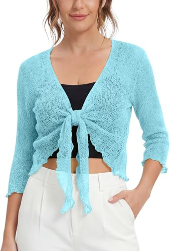 Love My Fashions® Women’s Fish Net Knitted Tie Up Bolero Shrug Top Ladies 3/4 Sleeve One Size Fits All Aqua