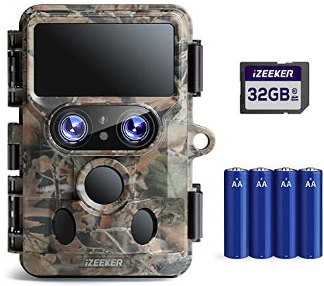 iZEEKER Wildkamera WLAN Duales Objektiv 4K 30fps 60MP, Wildtierkamera mit Sternenlicht Nachtsicht Bewegungsmelder, 120° Erfassungswinkel 0,1s Auslösezeit, Wildcamera mit 32GB SD-Karte und 4 Batterien