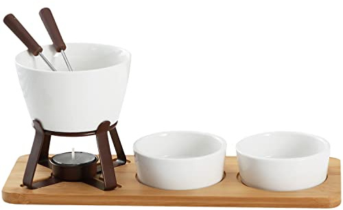 Sizikato White Porcelain Chocolate Fondue Set, with 2 Fruit Fork and 2 Small Bowl and Wood Tray, 10 Oz