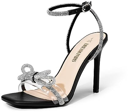 DREAM PAIRS Women's Double Bowknots Crystal Sandals Clear Slingback Heels Square Toe Shoes for Party Wedding Brielle,Size 7.5,Black,SDHS2389W