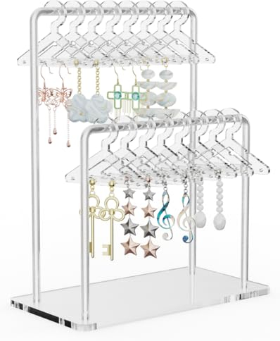 NiHome Transparenter Acryl-Ohrring-Organizer Ohrringständer Ohrringhalter für Geschäft, Ausstellung – Spiegel-Finish, 2-stöckiges Display für 48 Paar, 16 Mini-Kleiderbügel