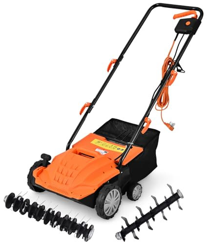 GOPLUS Scarificateur Électrique 2 en 1 avec 30L Sac de Collecte, Aérateur de Pelouse avec Hauteur Réglable à 4 Niveaux, Poignée Pliable pour un Rangement Facile(,Orange)