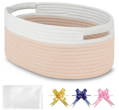 BOSROTY Small Woven Basket with Gift Bags and Ribbons, Empty Baby Gift Baskets for Kids Women Men, Nursery Storage, Small Cat Dog Pet Toy Boxes, 33 x 23 x 14 CM, Beige