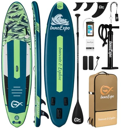 InnoExpo 11' Inflatable Stand Up Paddle Boards with Premium Accessories, Wide Stable SUP Paddle Board Design, Non-Slip Comfort Deck for Youth & Adults (Dynamic)