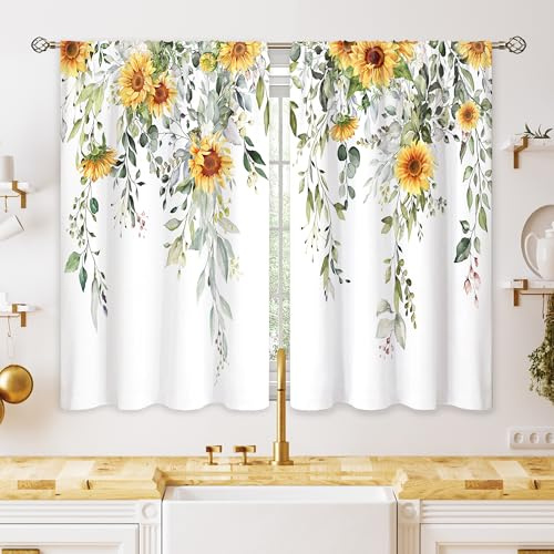 oolygoo Eucalyptus Botanical Leaves Yellow Sunflower Floral Kitchen Window Curtains Flower Plant Small Window Treatment Sage Green Cafe Short Curtains for Bathroom Treatment Tier Drapes 42x45 inch