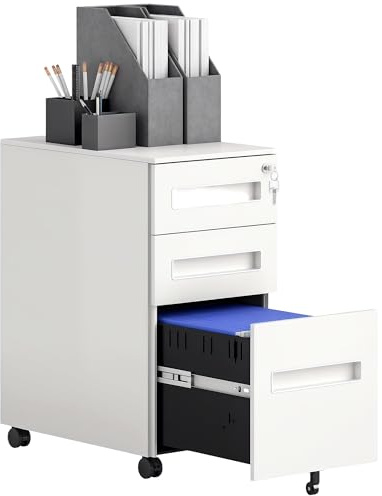 Vinsetto Cassettiera da Ufficio, Schedario Portadocumenti con 5 Ruote, 3 Cassetti con Serratura e Chiavi, Mobiletto Archivio per Documenti con Cartelle Sospese Formato A4 Lettera in Acciaio, Bianco