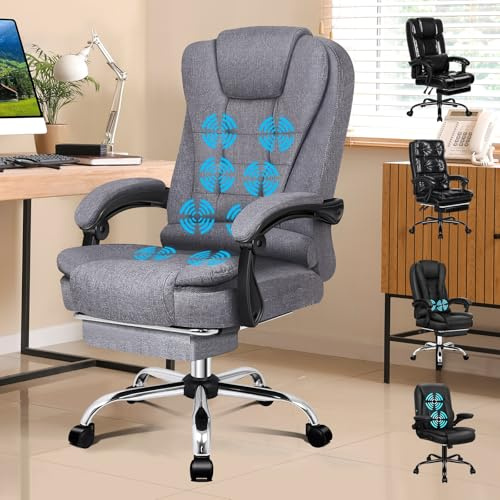 ALFORDSON Ergonomisch Chefsessel Massage Bürostuhl Wärmefunktion, Schreibtischstuhl Einziehbare Fußstütze, Drehstuhl Neigungswinkel 90°-150°,Besprechungsstuhl höhenverstellbarer,Stoff Grau