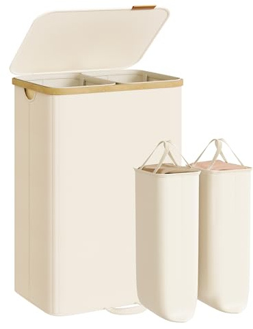 SONGMICS Panier à Linge avec Couvercle, Corbeille pour Linge Sale, Sacs Amovibles, Cadre en Bambou, pour Buanderie, Chambre, 2 Compartiments, 150 Litres, Blanc Crème LCB532WD01