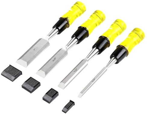 Yfzeok Wood Chisel Sets，4-Piece Woodworking Tools Set, CR-V Steel Beveled Edge Blades with Safety Caps. Durable PVC High Impact Handle, for Precision Carving & DIY Projects (1/4, 1/2, 3/4, 1)