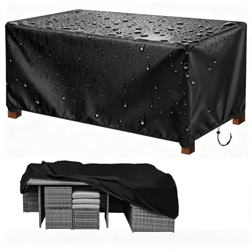 HNKDKJ Copertura per Mobili da Giardino Impermeabile Telo Copri Tavolo Esterno 110x80x34cm/LxPxA Panno 420D Oxford Copertura Tavoli e Sedie da Cortile Raggi UV, Coperture da Esterno, Nero