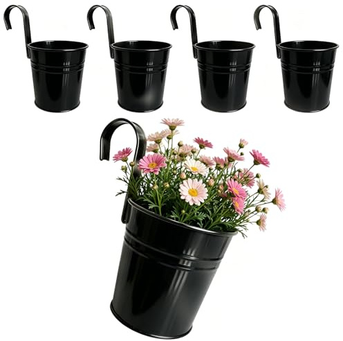 FARYODI Hängande korg blomkruka, set om 4, galvaniserat järn, 16 cm höjd, 26 cm diameter, med avtagbart handtag, avloppshål, färgglad, robust och hållbar (svart)