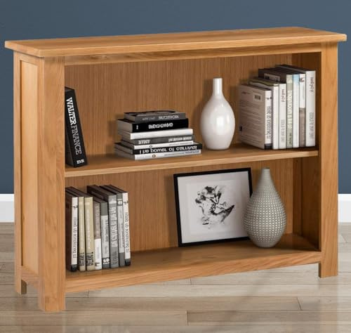 Hallowood Furniture Waverly Solid Oak Wide Bookcase with 1 Adjustable Shelf | Wooden Light Oak Low Bookshelf, Solid Oak Shelf Unit for Bedroom, Home Office and Living Room Bookcases, Fully Assembled