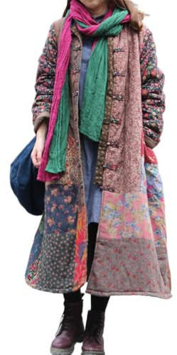 LUZU JUNU Women's Trench Coat Floral Print Long Cotton Linen Jacke Cottagecore Clothing Patchwork Outwear Bohemian unique (US, Alpha, One Size, Regular, Regular, B Warm Quilted)