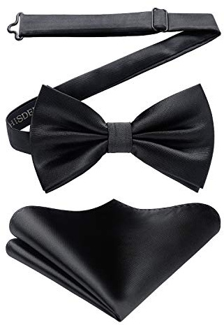 HISDERN Bow Ties for Men Black Solid Color Pre Tied Bow Tie and Pocket Square Classic Adjustable Clip on Stain Bowties Handkerchief Set for Wedding Business Party