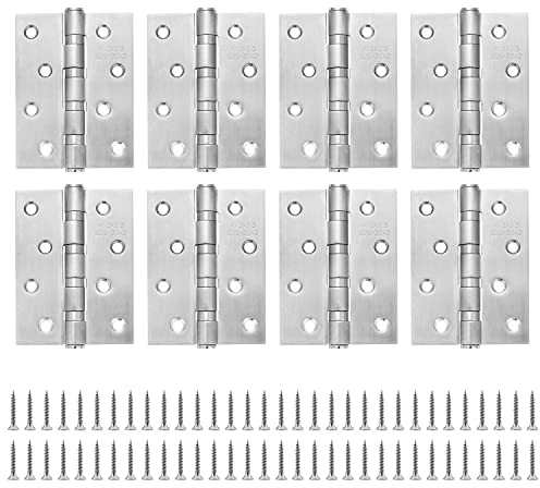 Lot de 8 Charnières de Porte en Acier Inoxydable 10,2 cm - 4 Voies, Roulement à Billes, Épaisseur 2,5 mm, Argenté