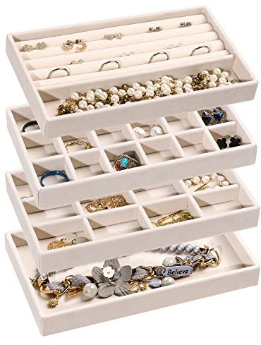 Frebeauty Jewellery Organiser Tray,Stackable Velvet Jewellery Trays,Drawer Inserts Earring Organiser For Women Girls Jewellery Storage Display Case for Rings Stud Necklaces,Set of 4(Beige)