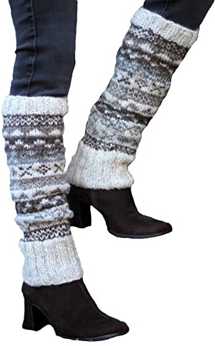 Pachamama kvinnor 100 % ull benvärmare handstickad Fair Isle mönster naturliga färger normal passform handgjord extra varm rättvis handel, Kräm, grå, bark, en storlek