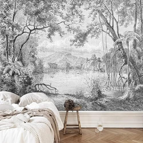 Custom Size Wall Murals，Black and White Forest Line Rainforest，Removable Peel and Stick Self-Adhesive Wall Murals Large Photo Wallpaper