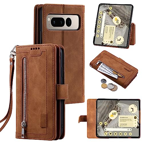 EYZUTAK Wallet Phone Case for Google Pixel Fold, Retro Matte 9 Card Holder Slots Zipper Pocket Case PU Leather Magnetic Closure Kickstand with Wrist Strap Folio Flip Case - Brown